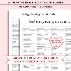 College Packing List for Girls | Freshman Dorm Room Checklist (Printable PDF Lettter) Female Move-In Categorized w/ Notes | Instant Download