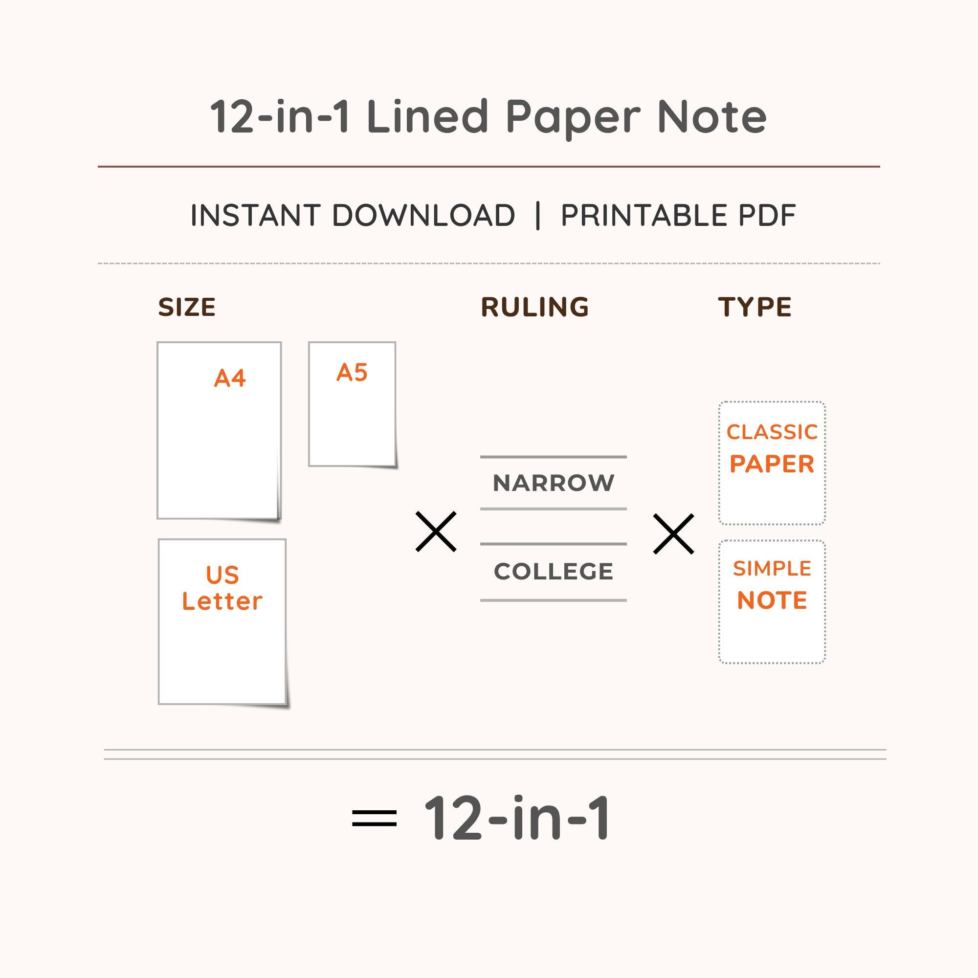 Narrow Size Note Printable Lined Paper Bundle of 3 Sizes: Narrow & College Ruled ...