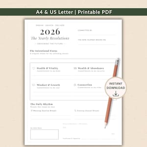 May include: A printable PDF planner for 2026, featuring sections for yearly resolutions, intentional focus, and daily rhythms. The design includes areas for health, wealth, mindset, and connection goals. A pencil rests on the page, and a circular "Instant Download" graphic is visible.