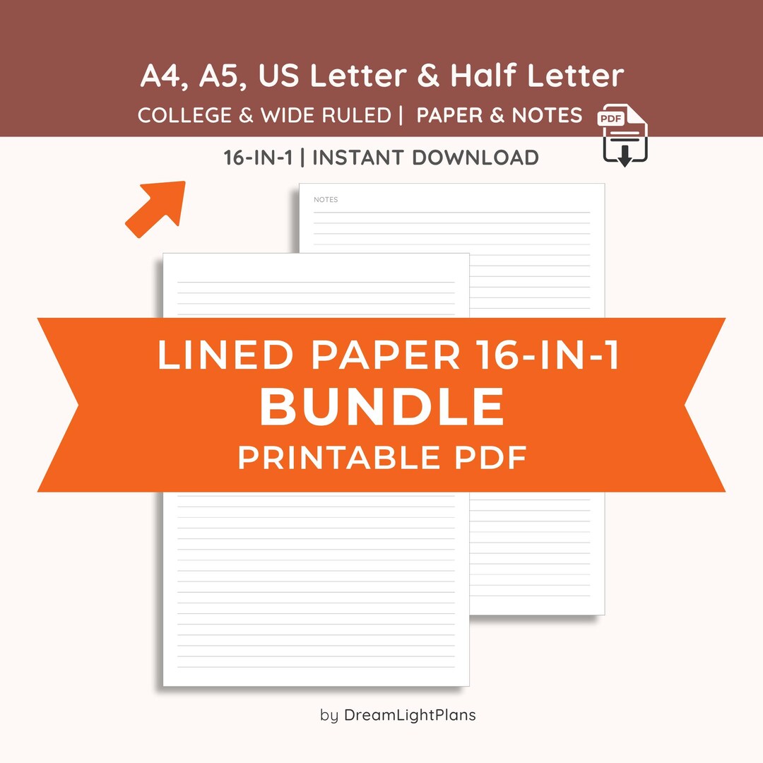 Printable Lined Paper Bundle: A4, A5, Letter, Half Letter Size (PDF ...