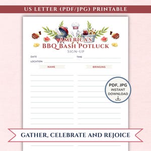 May include: A printable US letter sign-up sheet titled America's BBQ Bash Potluck. The header features watercolour illustrations of a grill, chef hat, utensils, drinks, and food. It includes fields for date, time, location, name, and bringing.