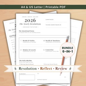 Afdrukbare pdf-bundel met nieuwjaarsresolutie 2026 | Jaaroverzicht, reflectie aan het einde van het jaar, jaarlijkse journaalprompt, doelenplan (directe download)