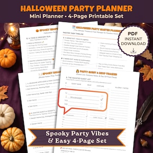 May include: A four-page Halloween party planner printable set featuring a master task timeline, guest and RSVP tracker, and shopping lists. The white pages include black text, orange headers, and checkboxes for organising event details.