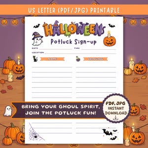Könnte beinhalten: Ein ausdruckbares Halloween-Potluck-Anmeldeformular im US-Letter-Format mit buntem Titel, einem Geist mit Hexenhut, einem Kürbis, einer schwarzen Katze und einem Spinnennetz. Das Formular enthält Felder für Datum, Uhrzeit, Ort, Name und Mitbringsel.
