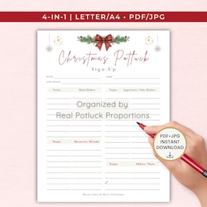 May include: A Christmas potluck sign-up sheet featuring a red plaid bow, pine branches, and hanging ornaments. The document includes fields for date, time, location, and columns for names and food categories, with the text Organized by Real Potluck Proportions.