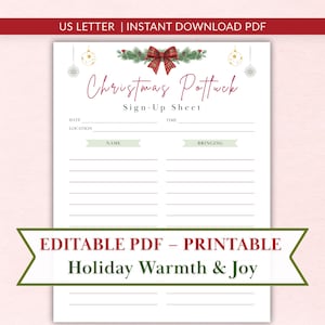 Edytowalny formularz zapisu na świąteczne przyjęcie – styl wiejski (do druku w formacie PDF) | Wypełniany formularz w formacie US Letter (do natychmiastowego pobrania) Lista dań na świąteczny obiad