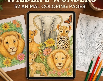 Maravillas de la vida silvestre: libro para colorear para adultos de 52 páginas (descarga digital)
