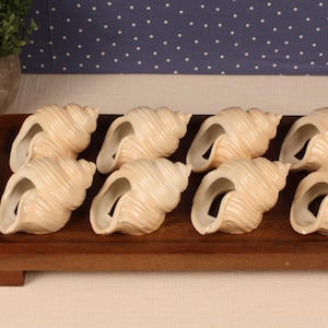 May include: Eight seashell-shaped ceramic dishes arranged on a dark wooden tray. The dishes are off-white with a spiral design, and the tray has a rectangular shape. The background includes a blue fabric with white polka dots.