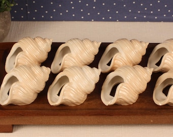 Ceramic Shell Napkin Rings Set of 8 – Coastal Beach Table Decor – Ivory Conch Shell Napkin Holders – Nautical Tablescape