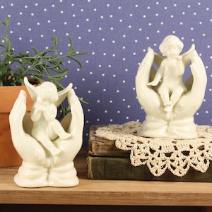 Porcelain Cherub Pair in Cupped Hands – Vintage Angel Figurines – Inspirational Home Décor Set