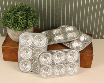 Vintage Aluminum Jello Mold Set | Farmhouse Kitchen Wall Decor | Fluted Muffin Tins | Cottagecore Kitchen | Retro Baking Pans