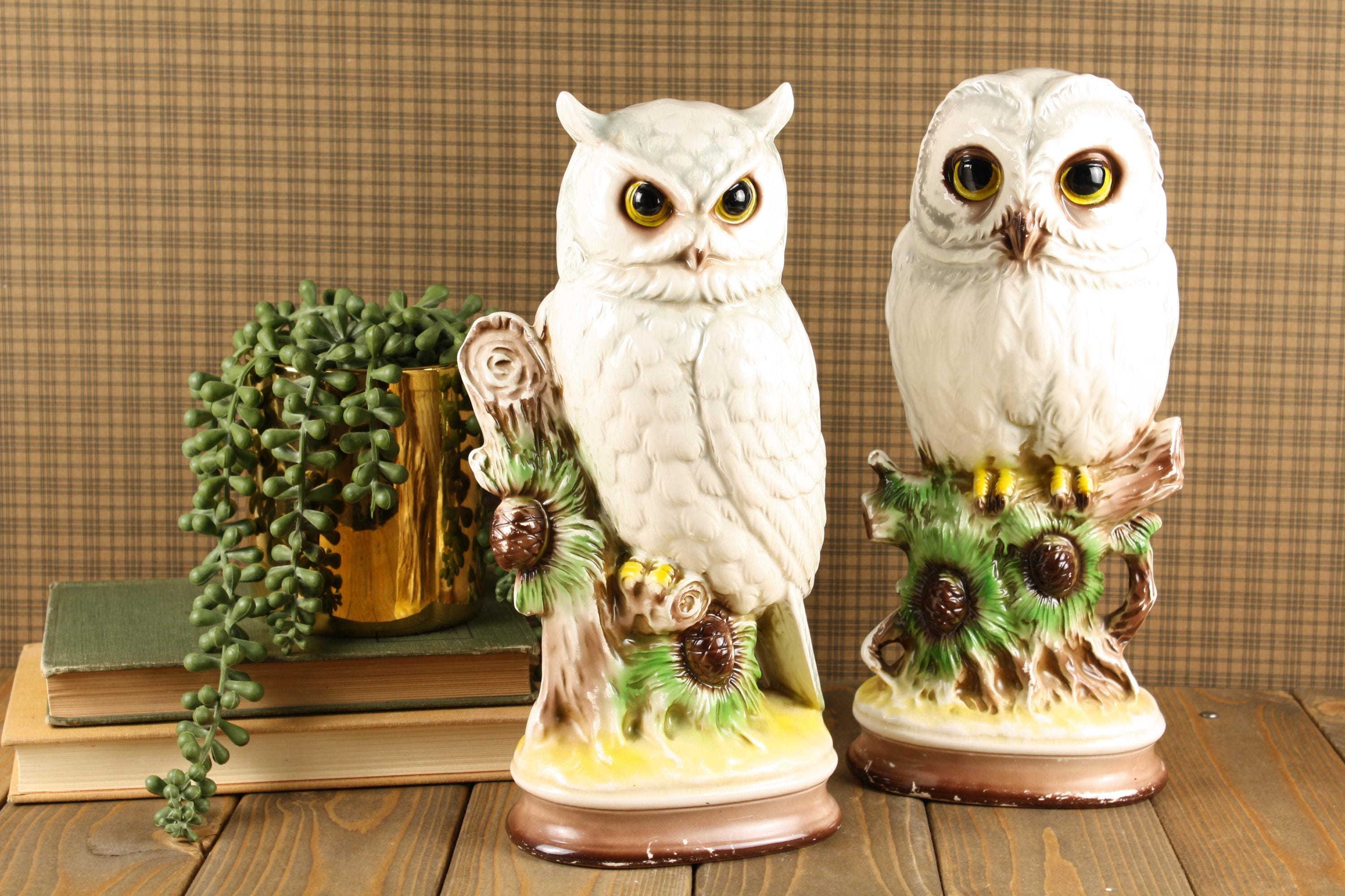 Vintage Norleans Ceramic Owl Pair &ndash; White Owls on Pinecone Branch &ndash; Hand‑Painted &ndas