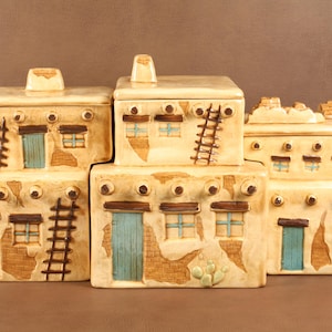 Southwestern Pueblo Canister Set • Adobe Village Ceramic Kitchen Canisters • Turquoise Accents • Rustic Southwest Pottery • Pueblo Revival