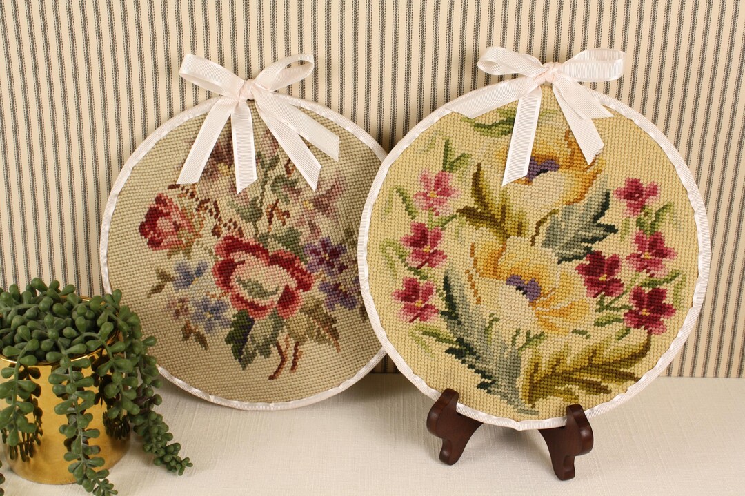 Pair of Vintage Floral Needlepoint Wall Hangings With Round Embroidery ...