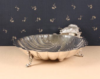 Vintage Silverplate Fish Handle Shell Serving Bowl | Large Coastal Centerpiece Dish | Hollywood Regency Decor | Ornate Footed Seafood Bowl