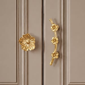 Brass Flower Cupboard Pull: Gold Drawer Knob, Handle For Wardrobe Kitchen Storage