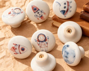 Ceramic Astronaut Knobs, Painted Kids Room Cabinet Pulls