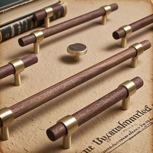 Könnte beinhalten: Eine Sammlung von Holzschrankgriffen und einem Knopf. Die Griffe haben einen zylindrischen, dunkelbraunen Holzmittelteil mit messingfarbenen Metallakzenten. Der Knopf hat ein ähnliches Design. Das Hardware-Set liegt auf einem Papier im Vintage-Stil.