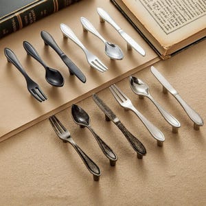 Peut inclure: Diverses poignées de meubles en forme de couverts, en noir, argent et bronze antique. Les poignées sont disposées sur une surface neutre, suggérant un thème de quincaillerie de cuisine ou de meubles.