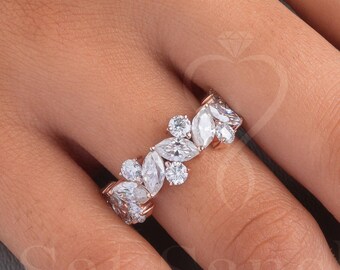 Vintage Rose Gold Moissanite Wedding Band 14K | Moissanite Stacking Ring | Half Eternity Bridal Band | Anniversary Promise Ring Gift