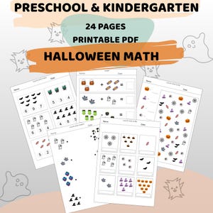 Puede incluir: Hojas de trabajo de matemáticas de Halloween imprimibles para preescolar y jardín de infancia. Las hojas de trabajo presentan imágenes temáticas de Halloween y ejercicios de conteo. El texto de la imagen dice "Preschool & Kindergarten", "24 Pages Printable PDF" y "Halloween Math".