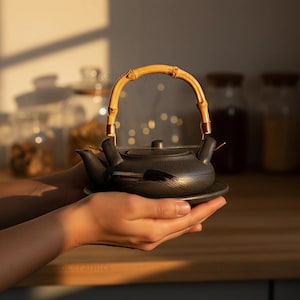 May include: A dark gray ceramic teapot with a bamboo handle, resting on a matching saucer. The teapot has a small spout and a lid. The handle is made of light brown bamboo. The teapot is held in a person's hands.