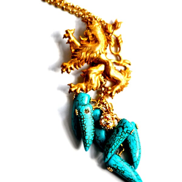 Gold Regal Lion & Turquoise Tusk Long Necklace