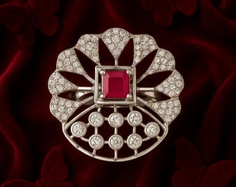 Vintage Sterling Silver Ruby Diamond Floral Statement Ring – Art Deco Inspired Cocktail Jewelry