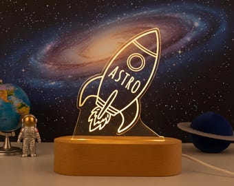 Gepersonaliseerd led-nachtlampje raket – gegraveerd kinderkamerdecoratie