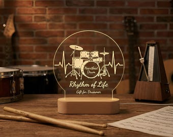 Personalisiertes Drummer LED-Nachtlicht - Herzschlag Trommel mit personalisierter Namensgravur | Geschenk für Schlagzeuger