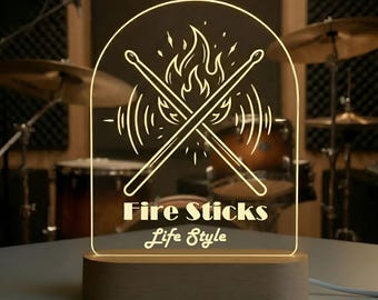 Custom Drummer LED Nachtlicht - Flaming Sticks | Geschenk mit personalisierter Namensgravur