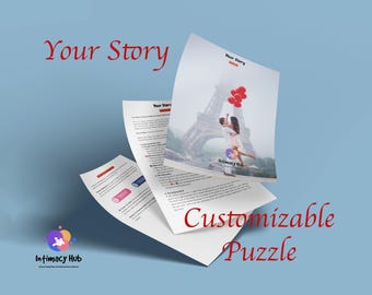 Puede incluir: Una pila de hojas de papel blanco con las palabras "Your Story" y "Customizable Puzzle" en rojo. Una hoja presenta una pareja frente a la Torre Eiffel. El logotipo de Intimacy Hub está en la esquina inferior izquierda.