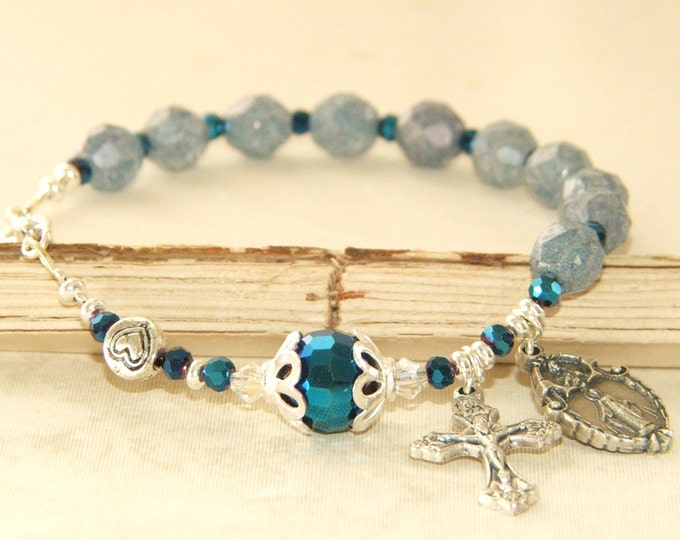 Rosary Bracelet in Blue & Silver / Catholic Wrist Rosary / Etsy