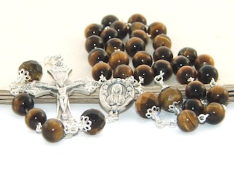 Tiger Eye Rosary, 3 Decade Catholic Man's Rosary Prayer Beads