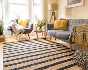 Natural Hemp Black Striped Area Rug,Handmade Eco-Friendly Floor Carpet,Bohemian Living Room & Bedroom Rug