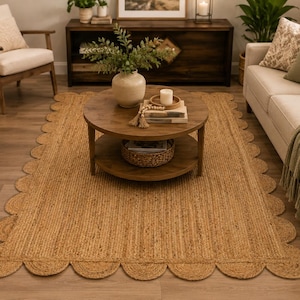 Scalloped Jute Rug 8x10, Large Braided Area Rug, Wavy Edge Natural Fiber Carpets for Living Room, Boho Home Decor, Eco Friendly Floor Mat