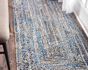 Handgewebter Chindi-Teppich aus Denimblauer Baumwolle und Jute, geometrisches, umweltfreundliches Läufermuster für Flur, Wohnzimmer, Schlafzimmer und Eingangsbereich