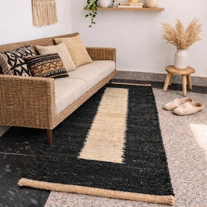 Tapis de passage en chanvre tissé à la main | Fibre naturelle Farmhouse Hall d'entrée Blanc Noir