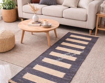 Alfombra de yute de cáñamo tejida a mano, alfombra de fibra natural con rayas negras, alfombra estilo boho para pasillo, alfombra rústica ecológica para cocina, alfombra para el suelo de la entrada.