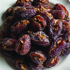 May include: A plate of Medjool dates, each filled with a walnut half. The dates are a dark brown colour, with a slightly wrinkled texture. The walnuts are a lighter brown, and the plate is white. A delicious snack.