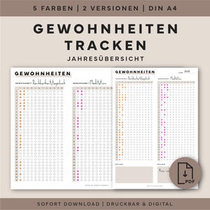 Könnte beinhalten: Ein digitaler Gewohnheitstracker zum Ausdrucken im Format A4, mit dem Text "GEWOHNHEITEN TRACKEN JAHRESÜBERSICHT". Das Design umfasst Spalten zur Gewohnheitsverfolgung, mit den Wörtern "Dankbarkeitstagebuch" und "Meditation". Der PDF-Download ist verfügbar.
