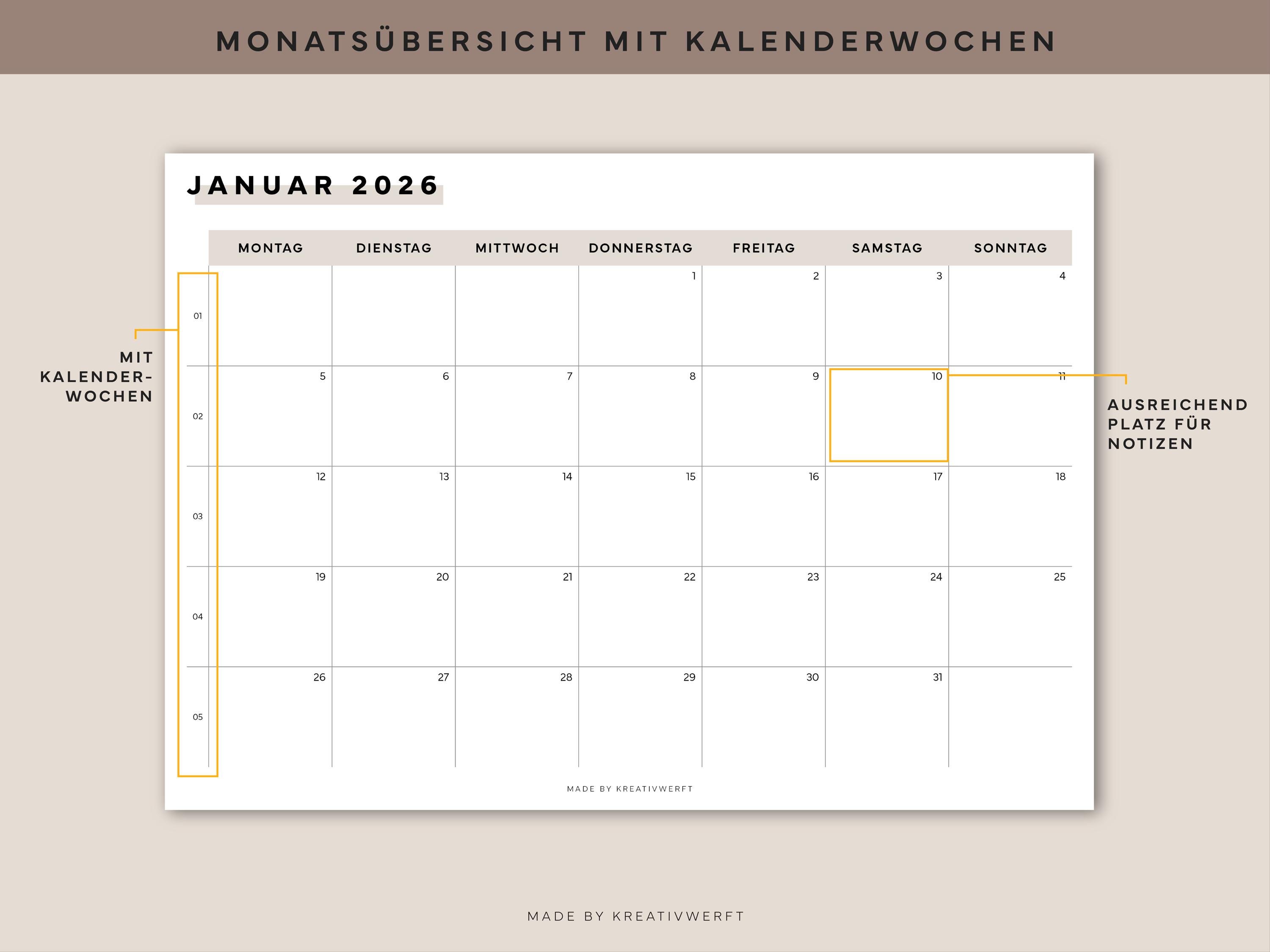 Kalender 2026 als PDF zum Ausdrucken – Monatsübersicht 2026 deutsch