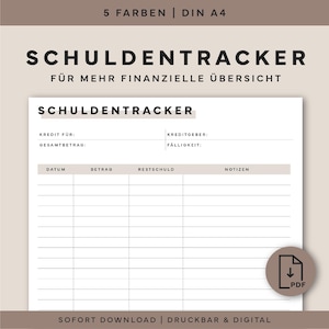 Puede incluir: Un rastreador de deudas imprimible en blanco con el título "SCHULDENTRACKER" en letras negras en negrita. El rastreador incluye campos para información de crédito, fecha, cantidad, deuda restante y notas. También incluye el texto "5 FARBEN | DIN A4".