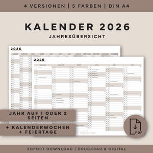 Kalender 2026 som utskrivbar PDF – Årsöversikt 2026 (tyska) – A4-väggkalender – Vardaglig organisering – Kontor – Direkt nedladdning