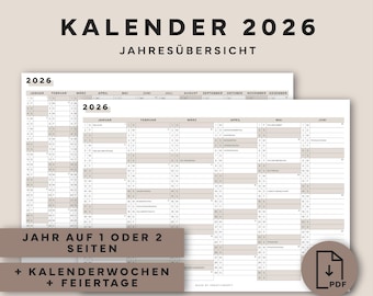 Kalender 2026 als PDF zum Ausdrucken – Jahresübersicht 2026 deutsch – Wandkalender A4 – Organisation Alltag – Büro – Sofort Download