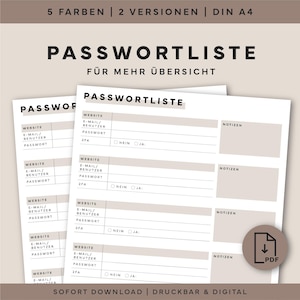 Passwortliste zum Ausdrucken – Passwort Übersicht & Login Daten Vorlage – Passwörter sicher verwalten – Zugangsdaten Liste