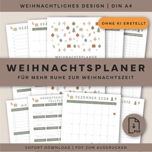 Könnte beinhalten: Eine Sammlung von A4-Weihnachtsplaner-Seiten zum Ausdrucken mit einem festlichen Muster aus Ornamenten, Bäumen und Geschenken. Die Dokumente enthalten einen Kalender für Dezember 2026, einen Adventskalender-Füllplan und verschiedene Checklisten.