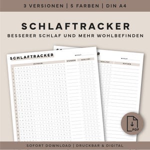 Könnte beinhalten: Ein digitaler Schlaftracker-Druck mit dem Titel "SCHLAFTRACKER" und dem Text "BESSERER SCHLAF UND MEHR WOHLBEFINDEN". Der Tracker enthält Abschnitte für Zeit, Stunden, Qualität und Notizen. Der Text "SOFORT DOWNLOAD | DRUCKBAR & DIGITAL" ist ebenfalls enthalten.
