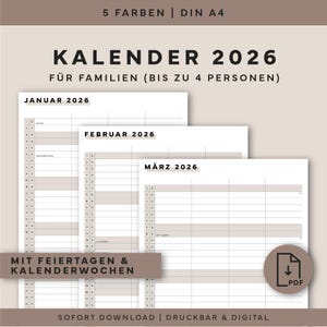 Könnte beinhalten: Ein digitaler Familienkalender für 2026 im minimalistischen Design mit neutraler Farbpalette. Der Kalender enthält Abschnitte für Januar, Februar und März, mit Platz für Notizen und Feiertage. Der Text lautet "KALENDER 2026" und "FÜR FAMILIEN".