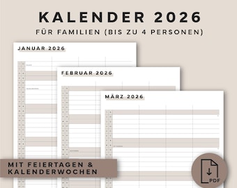 Family Calendar 2026 – Printable PDF – 2026 Year Overview (German) – A4 Wall Calendar – Everyday Organization